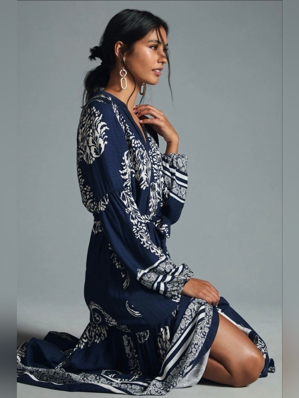Anthropologie Navy Paisley Tiered Button Front Maxi Dress Boho Long Sleeve XS